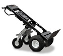 Black hand truck with battery between handlebars & motorized system to front wheels. 2 smaller castor-type wheels on back.