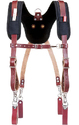 Black over-the-shoulder harness with maroon leather suspender straps and silver buckles