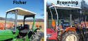 Left pic of green tractor with golf cart roof mounted on top of windshield in front and ROPS in back. Rt pic of orange tractor with golf cart roof mounted on special tubular mounts.