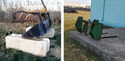 Left pic of 2 parallel cement blocks with loader bucket on them. Rt pic of cement pad with loader forks sitting on it.