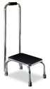 A chrome and black step stool with a high horseshoe-style open-end-down handle.