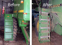 Before & after pics left and rt of John Deere combine with original 4 steps on left and modified with 4 additional steps - 8 total - on rt.