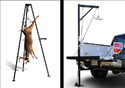 Left pic of a buck hanging from a free-standing metal tripod. Rt pic of metal upright pole fastened to hitch of black pickup truck with right-angle arm holding lift hooks.