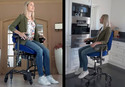 Left pic of young blonde woman in an office chair with 4 wheels & 2 stabilizing jacks near the rear wheels that is raised to near-standing height. Rt pic of same but chair not as high.