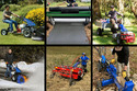 Collage of 6 pictures with each showing a different attachment for a walk-behind tractor