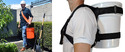 Left pic of man in garden wearing orange shoulder strap fastened to orange 5-gallon bucket. Rt pic of mans upper torso with black shoulder harness that is supporting a white 5-gallon bucket.
