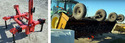 Red & black Service Buddy implement servicing lift on left. Right pic of tractor with implement on back being lifted by Service Buddy lift.