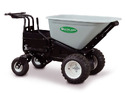 Black powered 4-wheeled wheelbarrow with gray tub against a white background