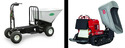 Left pic of black & white 4-wheeled wheelbarrow with operator platform in front of bin. Rt pic of red & gray dual-tracked wheelbarrow with operator platform in back.