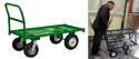 Left pic of green flat-bed steel cart with 4 wheels and push-pull handle. Rt pic of man leaning on similar cart to use as walker.