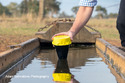 Arm placing yellow & black Water-Rat sensor in watering trough.