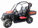 Black and red ATV with lift attached to left-hand rear roll-bar cage post