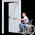 Man in wheelchair closing white door using T-pull Door Closer