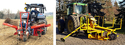 Left pic of tractor towing red tall seedling planter. Rt pic shows tractor with yellow tall seedling planter attached.