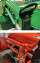 Upper pic of Loader-Mounted Grab Handle mounted on a John Deere loader. Lower pic of Grab Handle mounted on a Kubota loader.