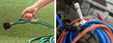 Left pic of a right hand holding a garden hose with a hose grip handle. Rt pic of a homemade hose grip handle made of PVC pipe on a hose.
