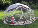 A geodesic dome with chicks inside it sitting in a green yard