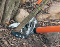 A manual ground-level lopper cutting the small trunk of some brush