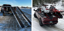 Left pic of pickup truck with Dura Deck extended off the back to the ground as a ramp. Rt pic showing 2 skimobiles loaded on Dura Deck up on back of pickup truck.