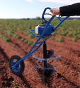 A single-wheel blue planting auger in a field row.