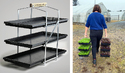 Left pic of Seedling-Plug Tray Carrier. Rt pic of person carrying 2 Seeling-Plug Tray Carriers toward a hoop house.