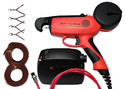 Electric Hand-Held Twist-Tie Tool with rolls of twist-ties against a white background