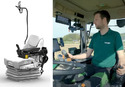 Left pic of white seat with black Joystick Steering System for Fendt Tractors. Rt pic of man in cab using the same.