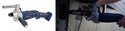 Left pic of UltraLift Powered Landing Gear Tool against white background. Rt pic of same being used to lift a trailer.