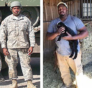 Split photo: left side is Davon Goodwin in full Army uniform standing in front of armored vehicle; right is Davon Goodwin in farming attire standing in barn holding black, baby goat.