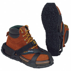 Two work boots with Ergomates strapped to bottoms