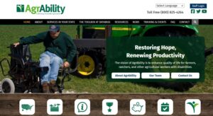 Screen shot of AgrAbility website with photo of farmer using tractor lift plus various icon links