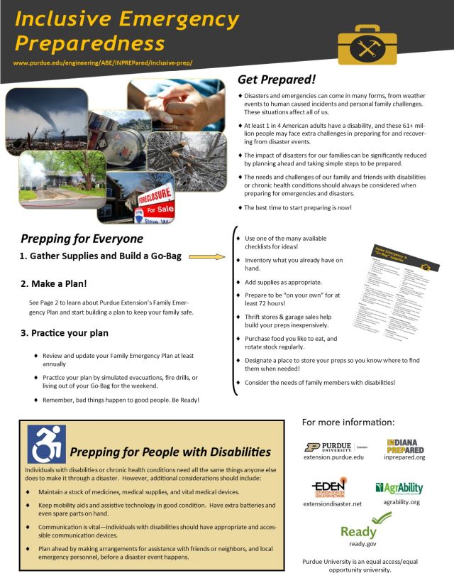 Image of fact sheet titled inclusive emergency preparedness with images of disaster situations and headings "Get Prepared," "Prepping for Everyone," and "Prepping for People with Disabilities"
