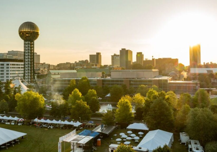 Sunrise over Knoxville Tennessee with the famous Sun Sphere and event park